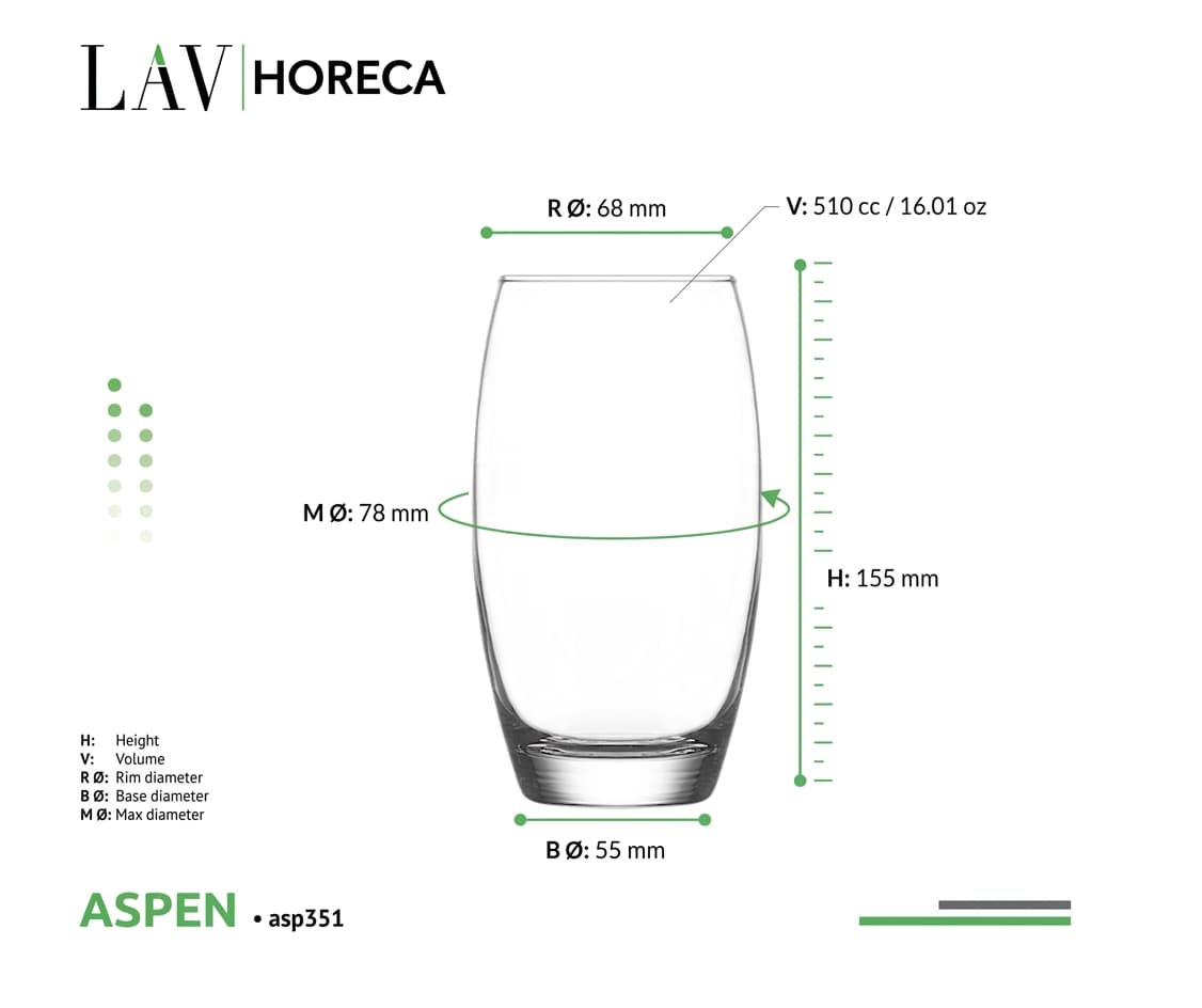 SET DE 12 VASOS LARGOS ASPEN LAV 510 ML