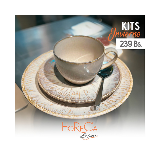 Kit de Taza 230 cc con Platillo 16 cm, Plato Llano 21 cm y Cuchara de Café - Colección Gourmet Sand Snell