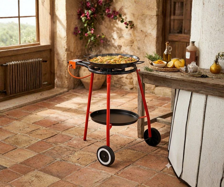 SET ANDREU GARCIMA: PAELLERA 46 CM + QUEMADOR + SOPORTE REFORZADO CON RUEDAS + FUENTE INFERIOR